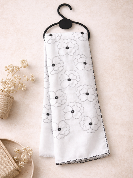 White Thread Embroidered Scarf with Black Floral Outline and Fine Edge Finish