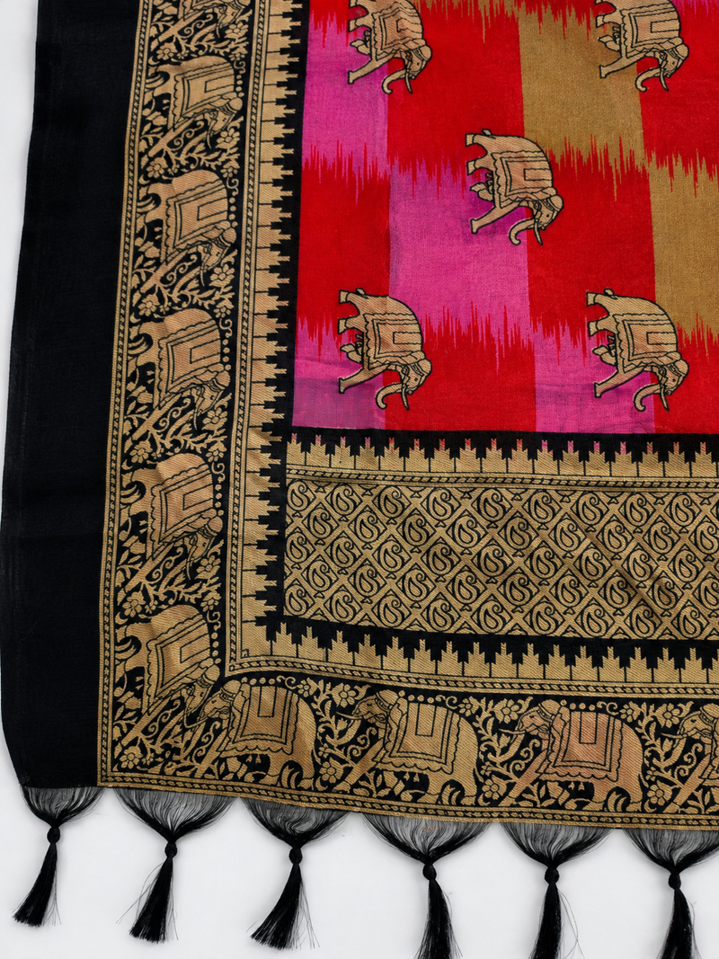 Multicolour Art Silk Elephant Printed Dupatta with Black Border & Tassels for Women