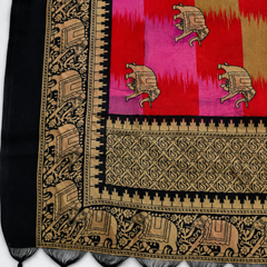 Multicolour Art Silk Elephant Printed Dupatta with Black Border & Tassels for Women
