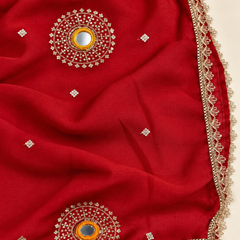 Deep Red Chinon Dupatta with Mirror & Sequin Work and Gold Lace Border