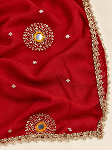 Deep Red Chinon Dupatta with Mirror & Sequin Work and Gold Lace Border
