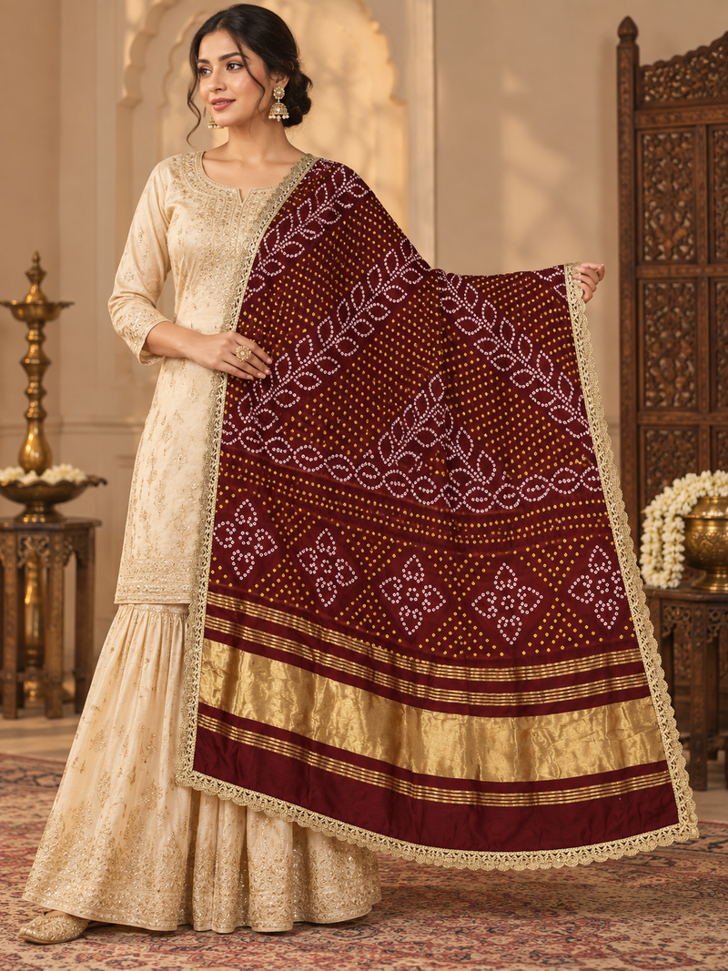 Maroon Gaji Silk Printed Dupatta with Broad Gold Border & Lace Edging