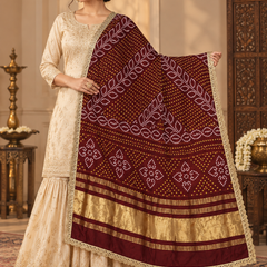 Maroon Gaji Silk Printed Dupatta with Broad Gold Border & Lace Edging