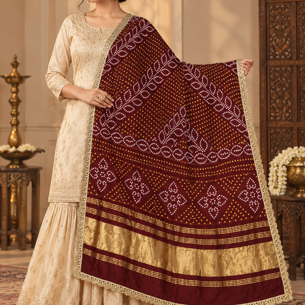 Maroon Gaji Silk Printed Dupatta with Broad Gold Border & Lace Edging