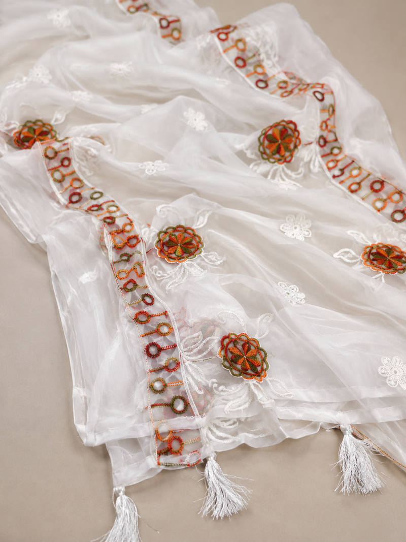 Women’s White Chiffon Thread Work Dupatta with Multicolor Floral Embroidery, Designer Border & Tassels