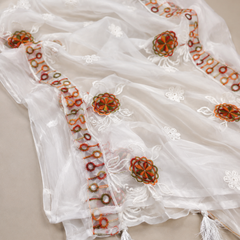 Women’s White Chiffon Thread Work Dupatta with Multicolor Floral Embroidery, Designer Border & Tassels