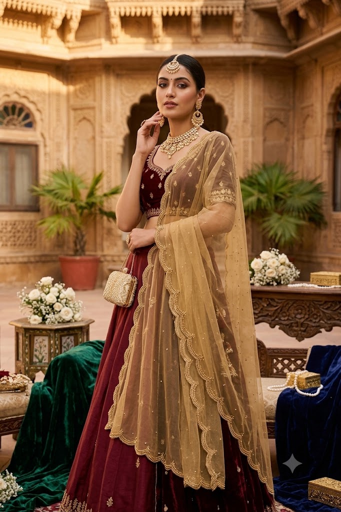 Gold Net Bridal Dupatta with Scalloped Cut Work Border