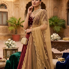 Gold Net Bridal Dupatta with Scalloped Cut Work Border