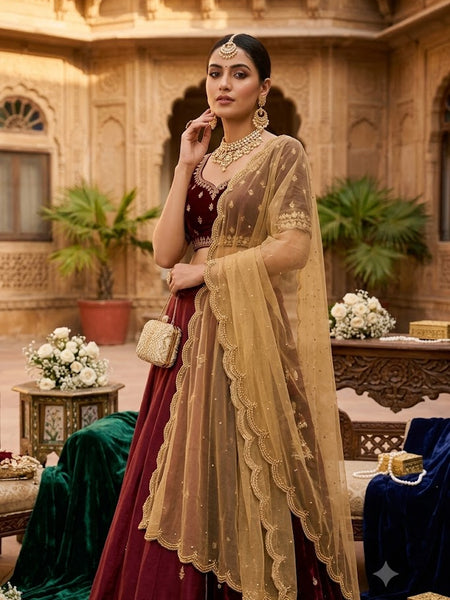 Gold Net Bridal Dupatta with Scalloped Cut Work Border