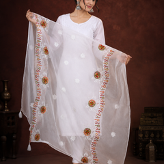 Women’s White Chiffon Thread Work Dupatta with Multicolor Floral Embroidery, Designer Border & Tassels