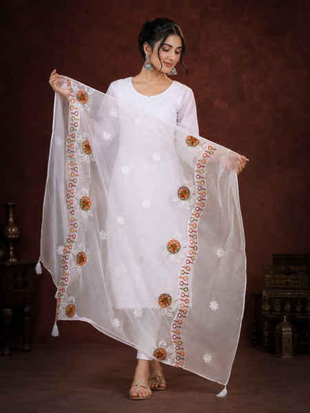 Women’s White Chiffon Thread Work Dupatta with Multicolor Floral Embroidery, Designer Border & Tassels