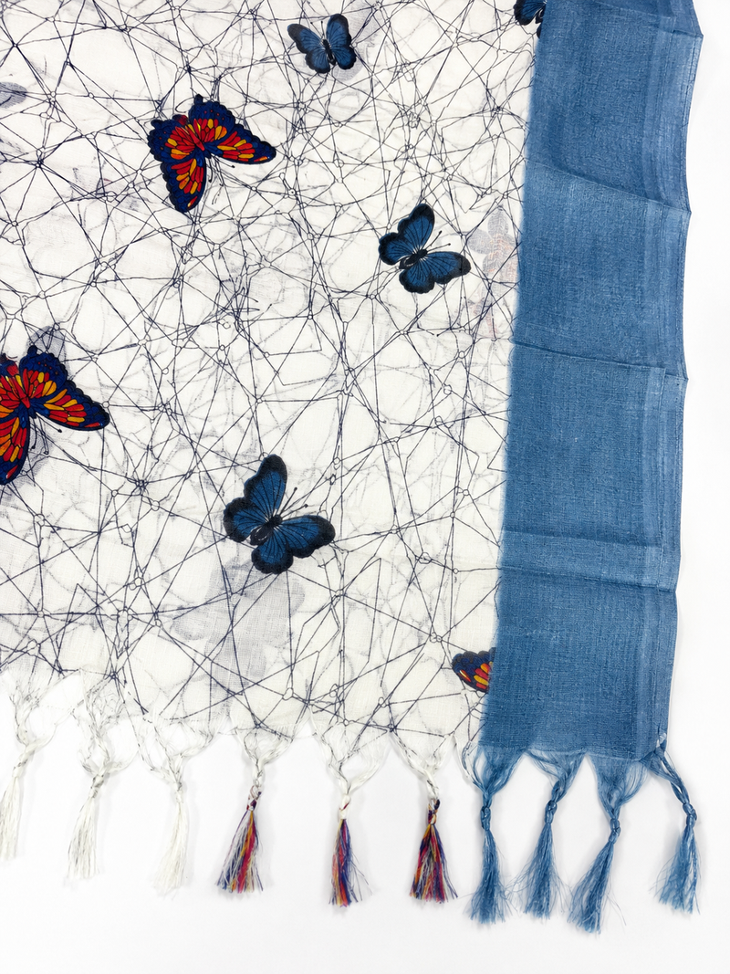 Art Silk Butterfly Printed Dupatta with Contrast Border & Tassels for Women