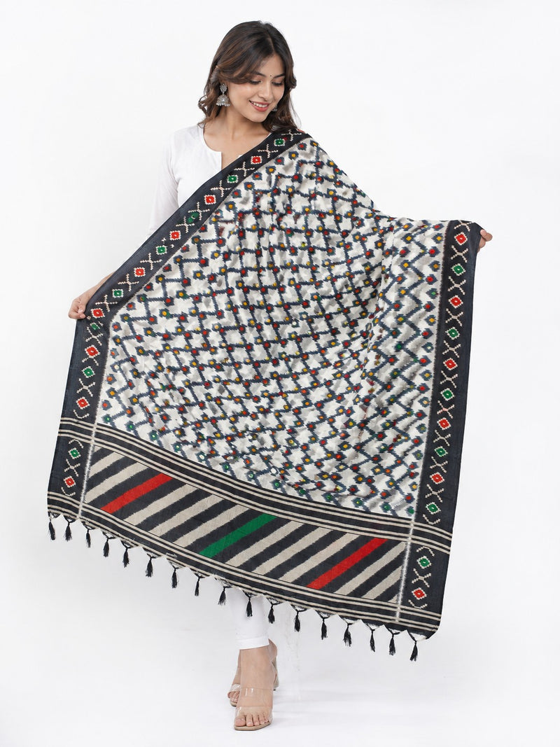 Women’s Art Silk Geometric Printed Dupatta with Contrast Border and Tassels