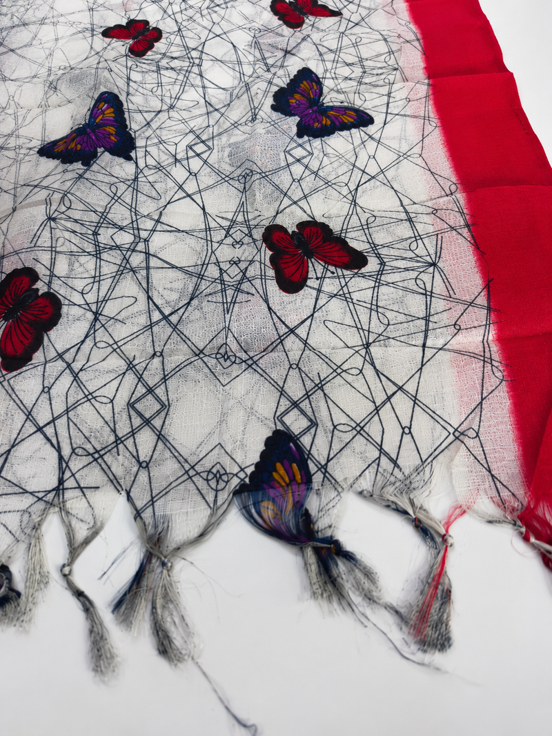 Art Silk Butterfly Printed Dupatta with Contrast Border & Tassels for Women