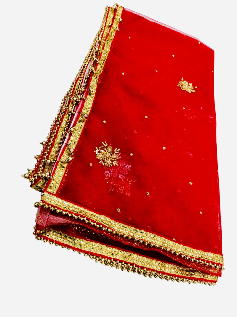 Red Bridal Net Dupatta with Golden Embroidery & Beaded Lace Border – Lightweight Wedding Dupatta