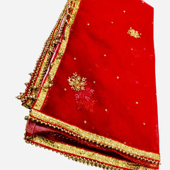 Red Bridal Net Dupatta with Golden Embroidery & Beaded Lace Border – Lightweight Wedding Dupatta