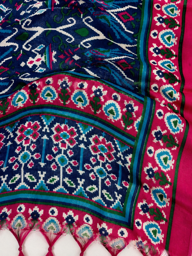 Navy Blue Art Silk Printed Dupatta with Pink Border & Tassels for Women