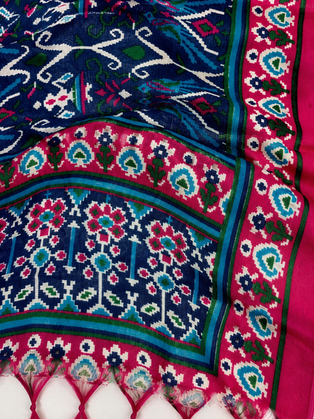 Navy Blue Art Silk Printed Dupatta with Pink Border & Tassels for Women