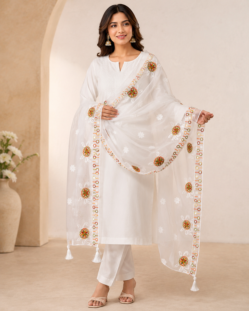 Women’s White Chiffon Thread Work Dupatta with Multicolor Floral Embroidery, Designer Border & Tassels