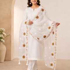 Women’s White Chiffon Thread Work Dupatta with Multicolor Floral Embroidery, Designer Border & Tassels
