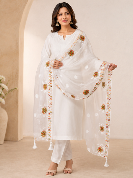 Women’s White Chiffon Thread Work Dupatta with Multicolor Floral Embroidery, Designer Border & Tassels