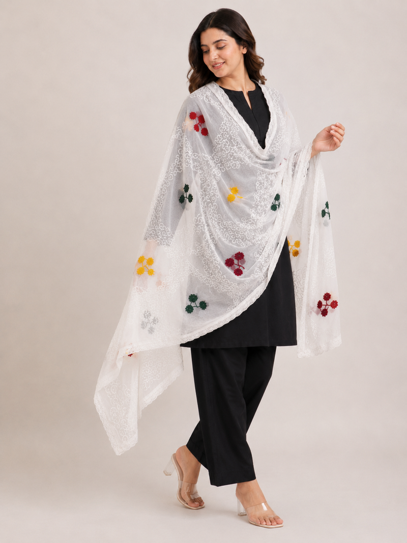 Women's White Cotton Thread Work Dupatta with Multicolor Floral Embroidery & Lace Border