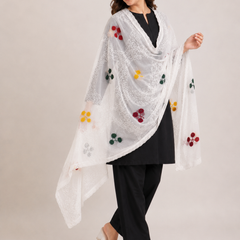 Women's White Cotton Thread Work Dupatta with Multicolor Floral Embroidery & Lace Border