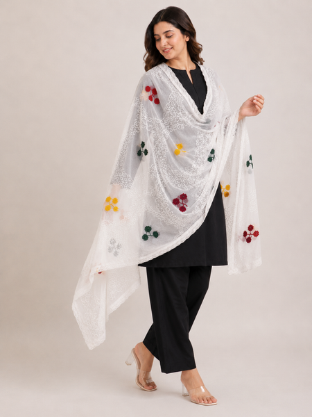 Women's White Cotton Thread Work Dupatta with Multicolor Floral Embroidery & Lace Border