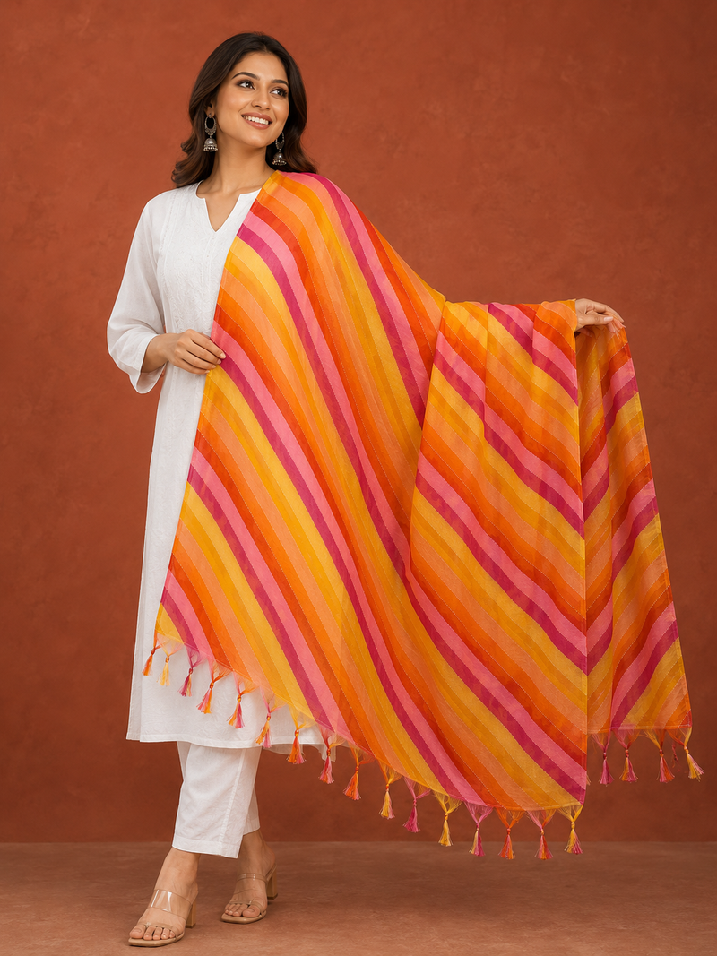 Women’s Art Silk Multicolor Leheriya Printed Dupatta with Tassels