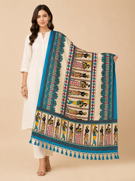Women's Art Silk Printed Dupatta | Tribal Warli Print Tassel Dupatta |