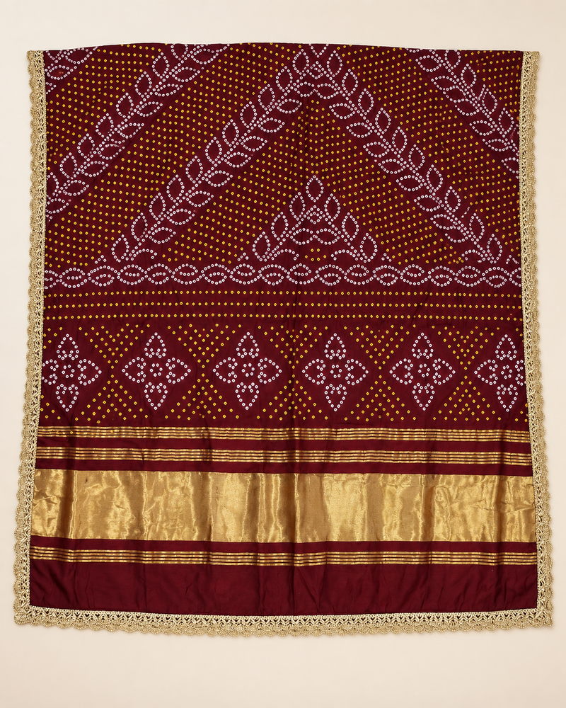 Maroon Gaji Silk Printed Dupatta with Broad Gold Border & Lace Edging