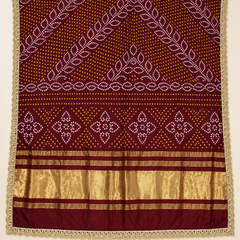 Maroon Gaji Silk Printed Dupatta with Broad Gold Border & Lace Edging