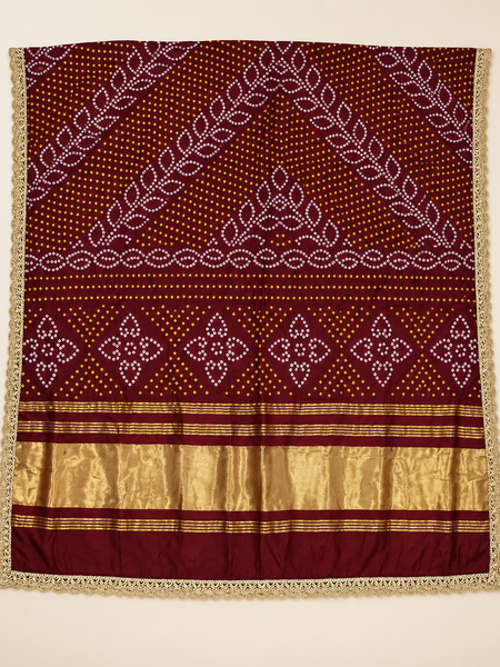 Maroon Gaji Silk Printed Dupatta with Broad Gold Border & Lace Edging