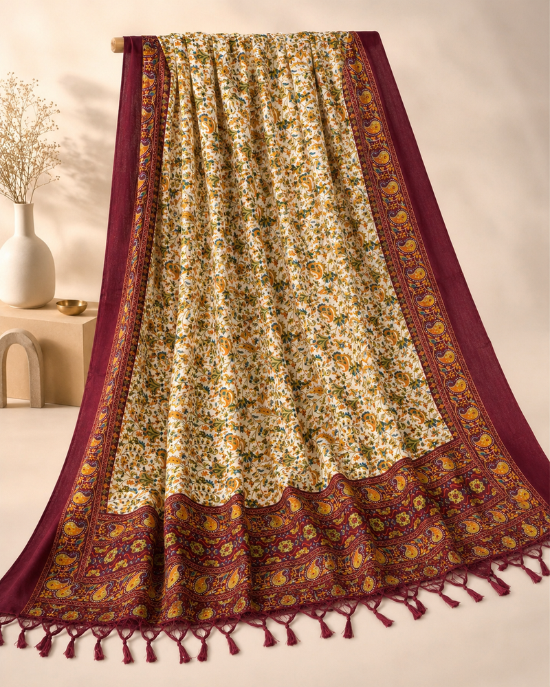 Women’s Art Silk Kalamkari Printed Dupatta with Traditional Paisley Border & Tassels