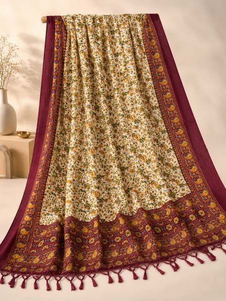 Women’s Art Silk Kalamkari Printed Dupatta with Traditional Paisley Border & Tassels