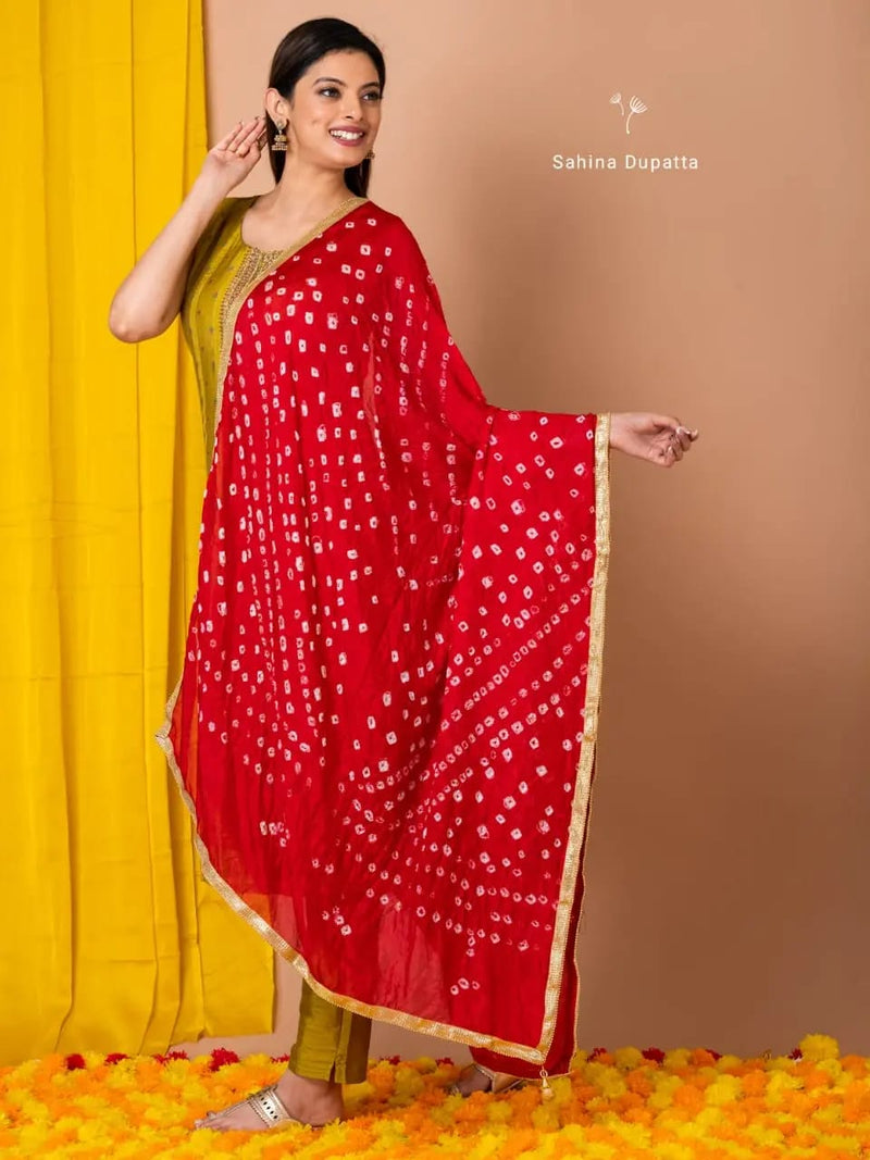 Silky Red Chunari Dupatta for Women – Traditional Bandhani Print with Golden Border | Festive & Ethnic Wear Dupatta by Sahina Dupatta