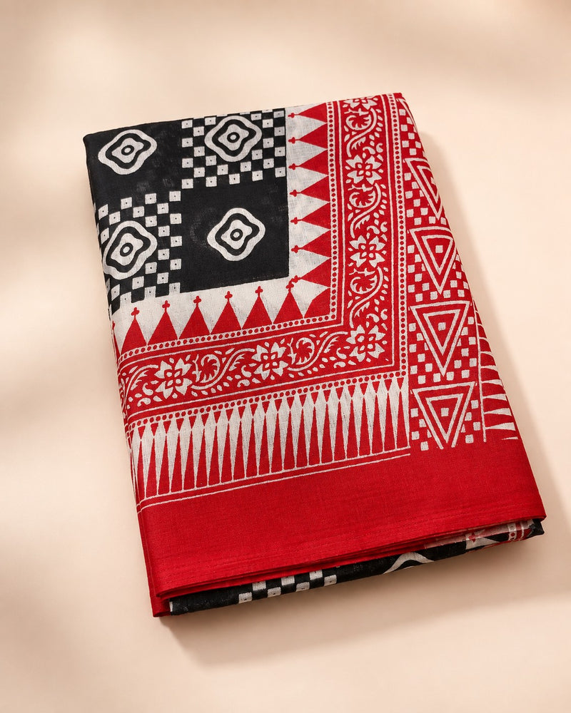 Women’s Art Silk Geometric Printed Dupatta with Contrast Border and Tassels