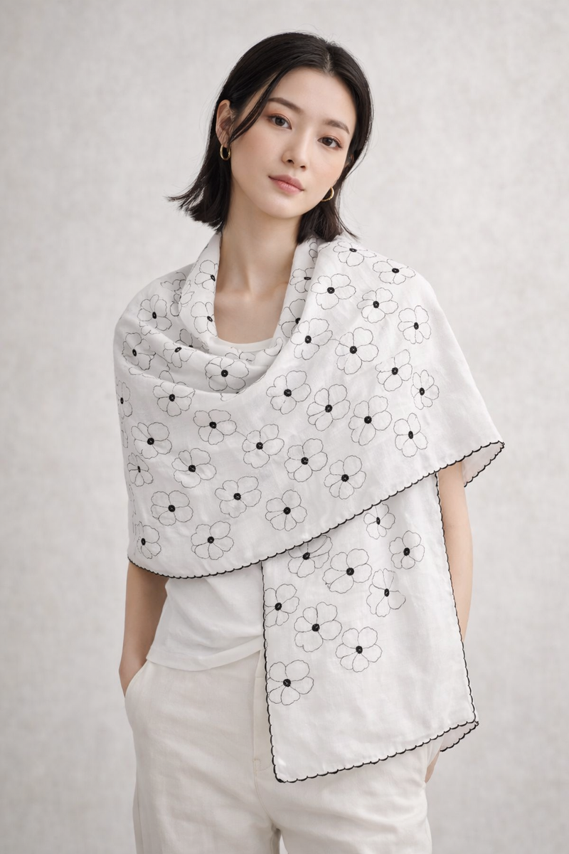 White Thread Embroidered Scarf with Black Floral Outline and Fine Edge Finish