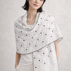 White Thread Embroidered Scarf with Black Floral Outline and Fine Edge Finish
