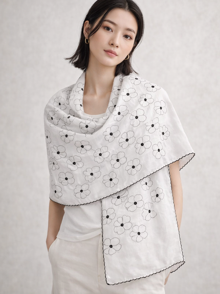 White Thread Embroidered Scarf with Black Floral Outline and Fine Edge Finish