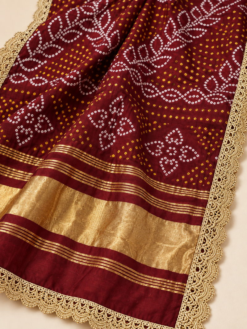 Maroon Gaji Silk Printed Dupatta with Broad Gold Border & Lace Edging
