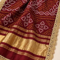 Maroon Gaji Silk Printed Dupatta with Broad Gold Border & Lace Edging