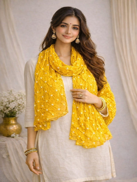 Mustard Yellow Bandhani Style Cotton Dupatta for Women