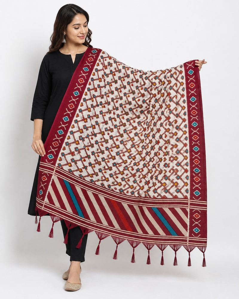 Women’s Art Silk Geometric Printed Dupatta with Contrast Border and Tassels