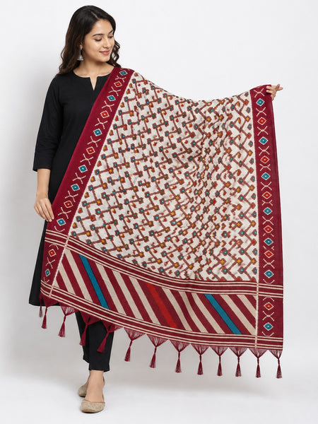 Women’s Art Silk Geometric Printed Dupatta with Contrast Border and Tassels