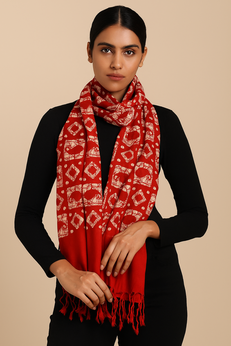 Red/Rani/Navy blue Batik Print Cotton Scarf for Women – Soft, Lightweight & Stylish
