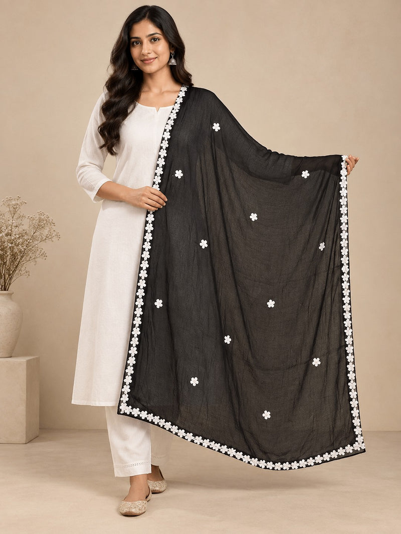 Women’s Chiffon Dupatta with White Floral Lace