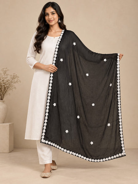 Women’s Chiffon Dupatta with White Floral Lace