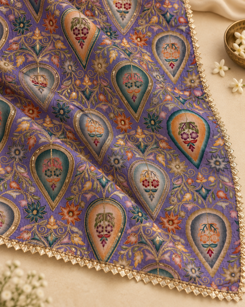 Chanderi Silk Rajwadi Printed Dupatta with Sequin Work & Decorative Border