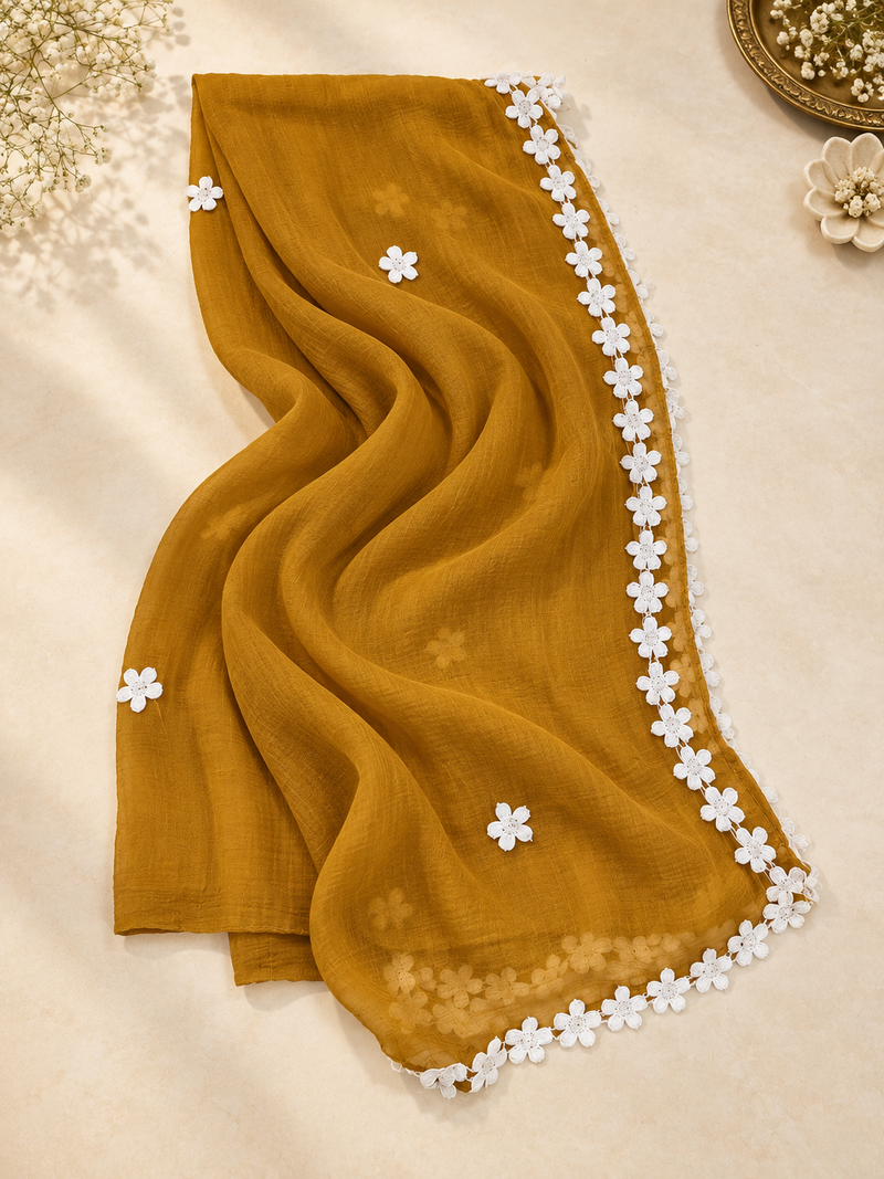 Women’s Chiffon Dupatta with White Floral Lace